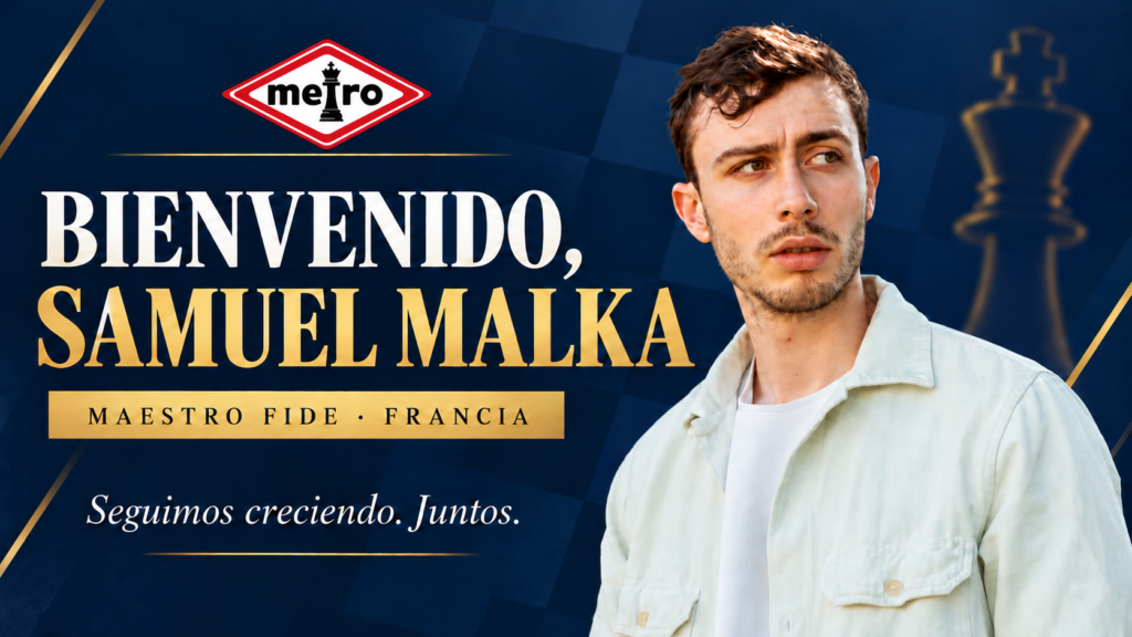 Bienvenida al Maestro FIDE Samuel Malka a Ajedrez Metro Club, con su retrato y el logo del rombo rojo de Metro.